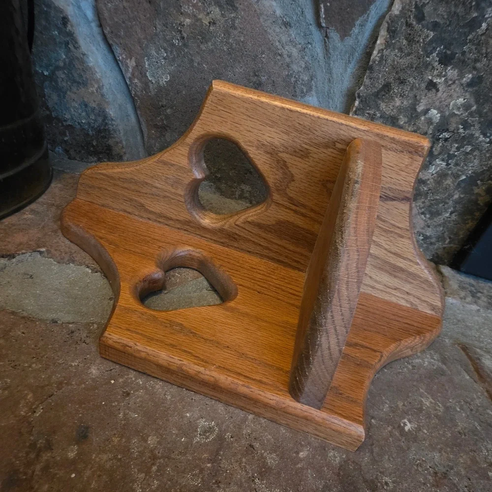 Vintage Oak Wood Corner Shelf Heart Cutouts Cottagecore Wall Mount Made in USA